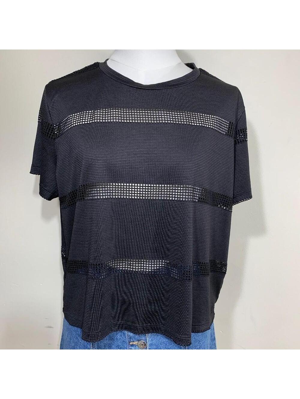 Gypsies & Moondust Mesh Stripe Top Womens Large Black Ribbed Sheer Crew Neck